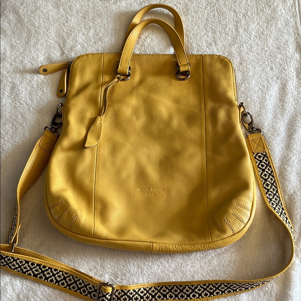 CHARLES JOURDAN Yellow Pebbled Leather Large Handbag w/Handle & Woven Strap